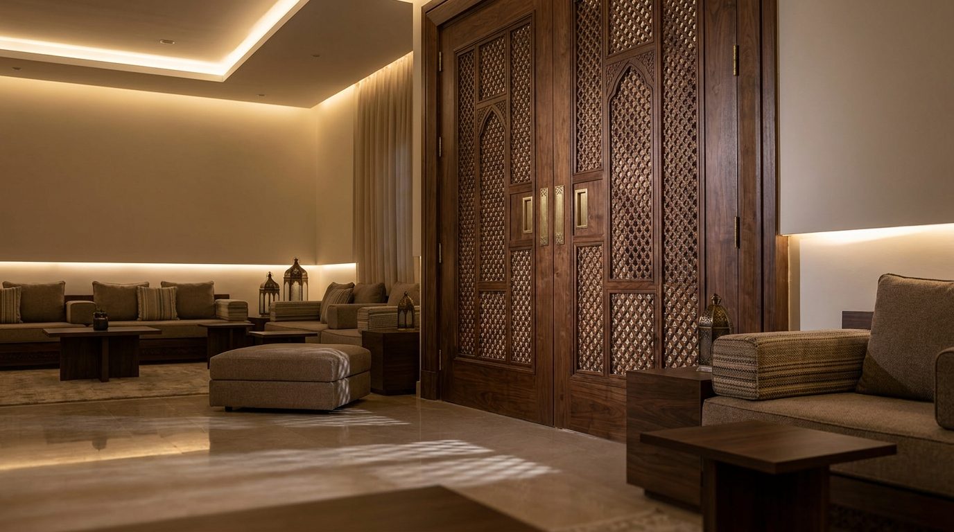 باب خشبي فاخر بنقش هندسي دقيق في أجواء داخلية دافئة